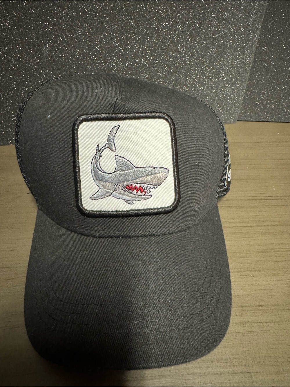 Gray Trucker Hat with Shark Patch